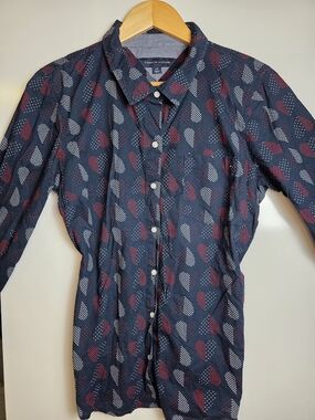 Tommy Hilfiger Navy Dot Print Button-Up Shirt Tunic | L Roll Tab Sleeves
